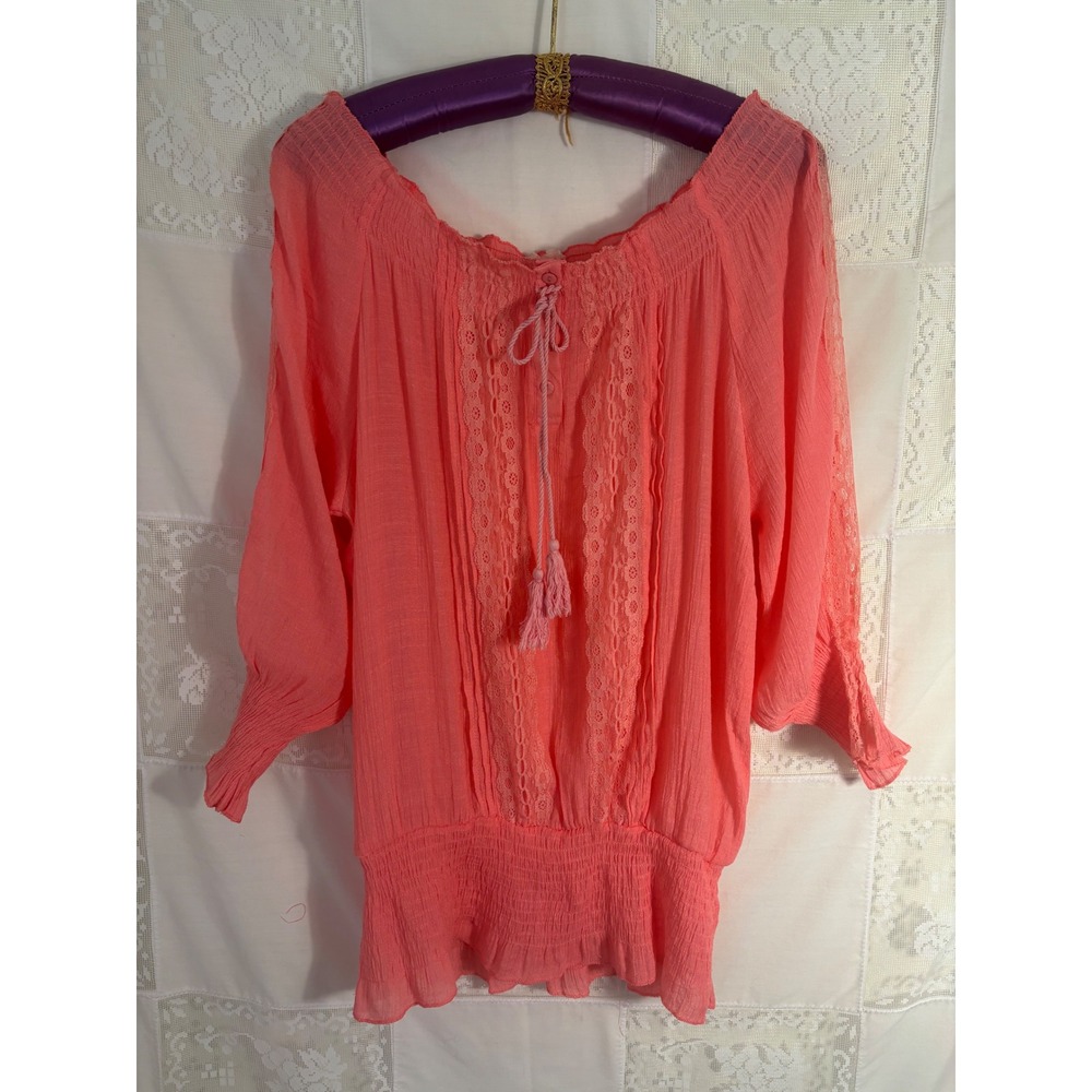 Pink Lace Trim Off Shoulder Tassel Front Boho Cottage‎ Peasant Blouse Size L-XL